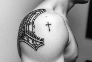 Exquisitely detailed shoulder pauldron with chainmail and plate armor from trapezius I below elbow tattoo idea