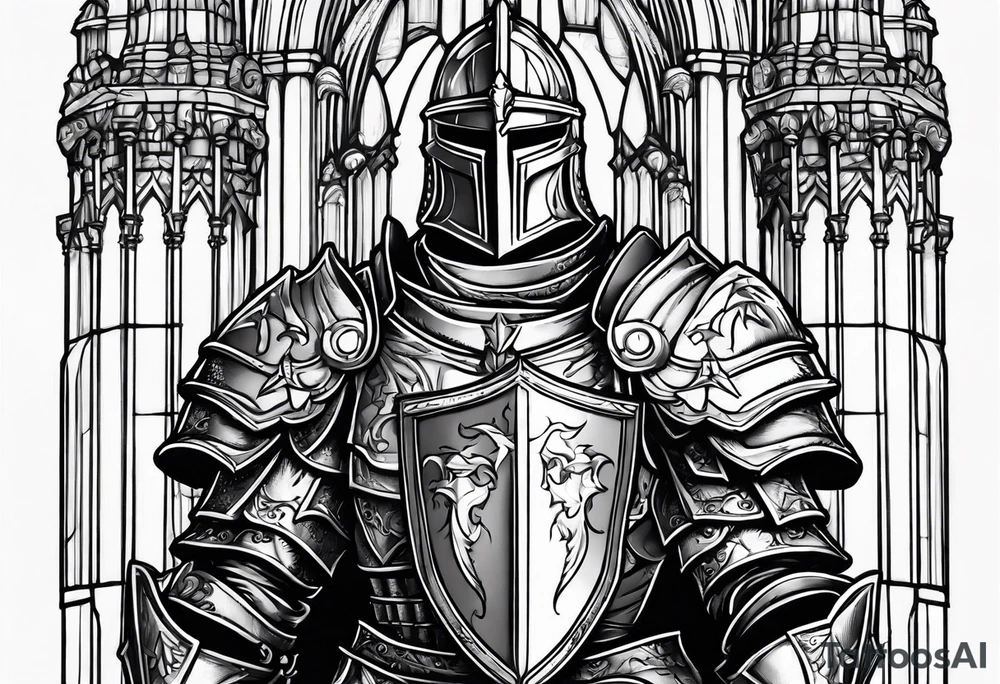 knight heavy armor in front of cathedral tattoo idea