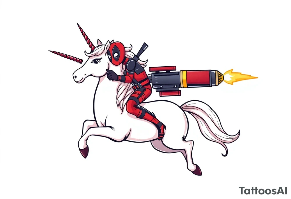 Deadpool riding a unicorn shooting Russian era rocket launcher tattoo idea