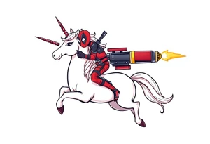 Deadpool riding a unicorn shooting Russian era rocket launcher tattoo idea