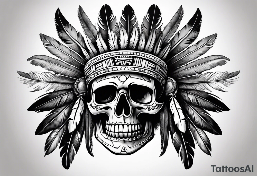 Aztec skull with feathers tattoo idea
