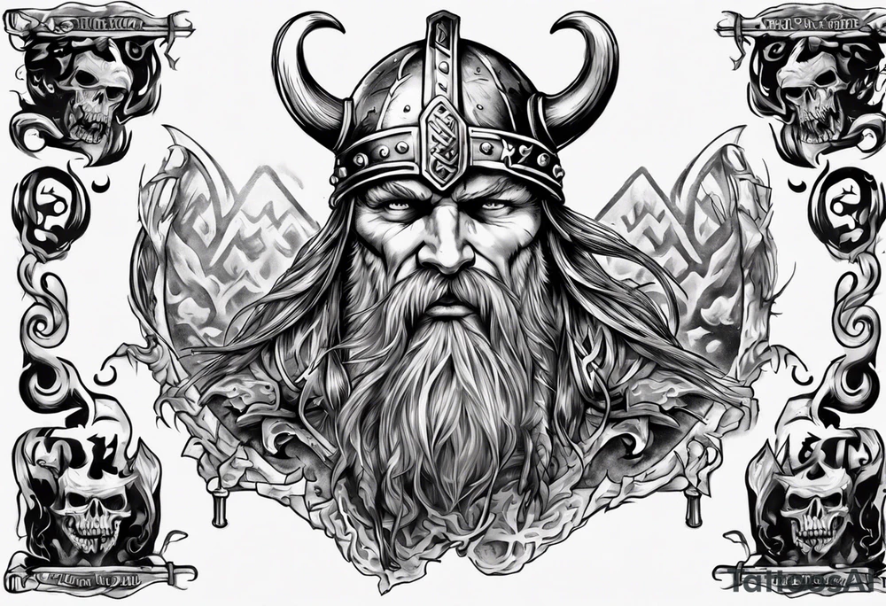 viking head with the phrase "In the Halls of Valhalla, the brave will live forever." tattoo idea
