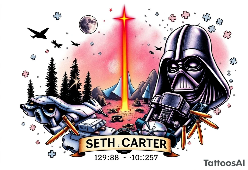 memorial, futuristic, star wars, space, skateboarding, camping, puzzle pieces, video games, heaven, god, outdoors, bullets, Harley Davidson, 
Seth J. Carter AKA "Darth Carter"
12/29/88-01/06/2025 tattoo idea