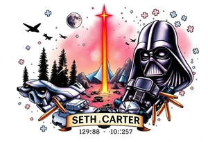 memorial, futuristic, star wars, space, skateboarding, camping, puzzle pieces, video games, heaven, god, outdoors, bullets, Harley Davidson, 
Seth J. Carter AKA "Darth Carter"
12/29/88-01/06/2025 tattoo idea