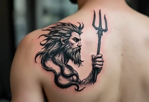 young poseidon, with trident, looking at the horizon tattoo idea