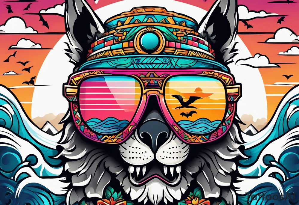 Colorful Mayan hieroglyph with sunglasses reflecting Chichen itza with bats and waves tattoo idea