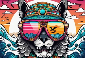 Colorful Mayan hieroglyph with sunglasses reflecting Chichen itza with bats and waves tattoo idea