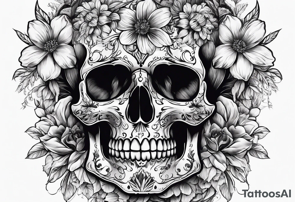 SKULL FULL FACE WITH FLOWER tattoo idea