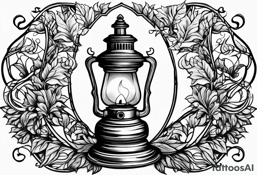 Oil lamp surrounded by leafy vines tattoo idea