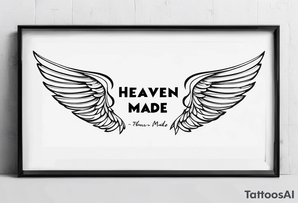 the words "Heaven Made" with angel wings on the side of the phrase tattoo idea