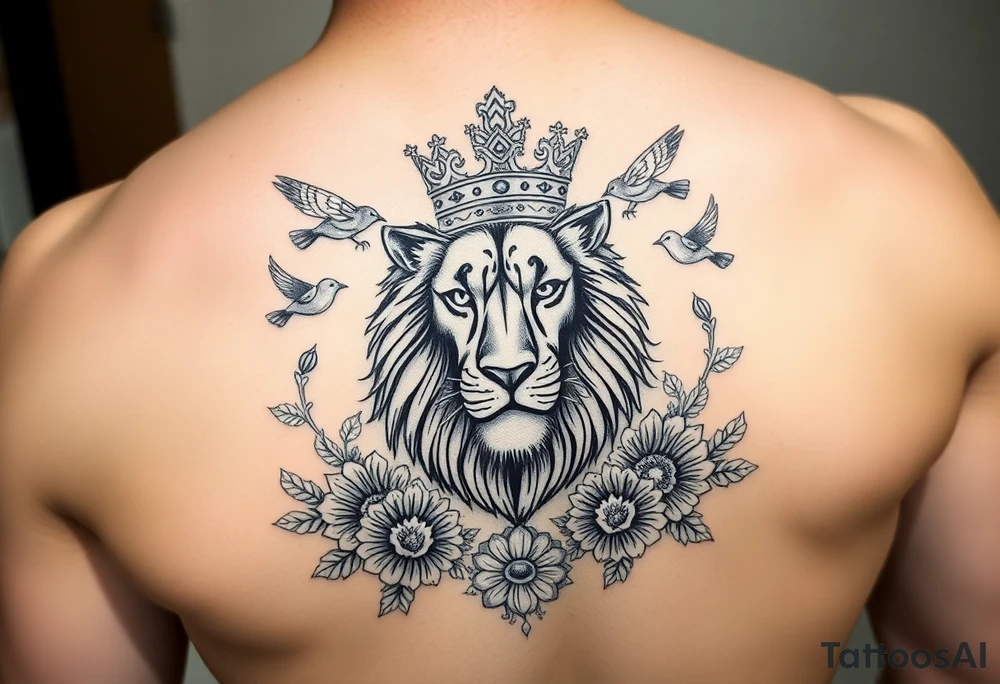 powerful majestic lion with a crown, surrounded by floral ornaments and birds tattoo idea