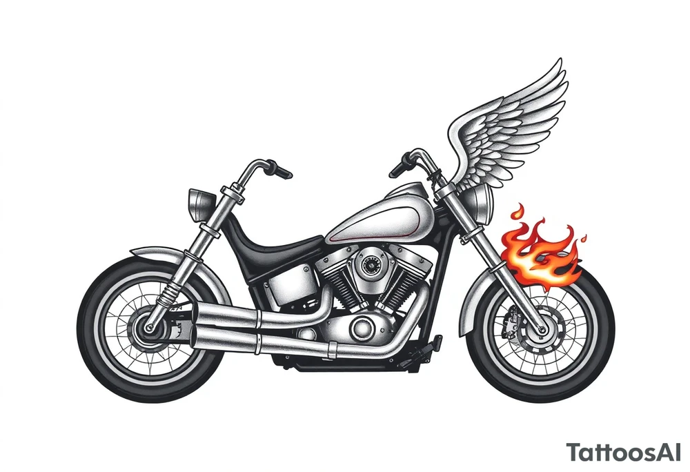 Low rider grey motorcycle, big muffler pipes with flames, angel wings, driving away, no person tattoo idea