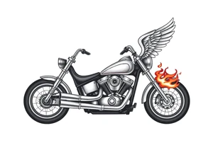 Low rider grey motorcycle, big muffler pipes with flames, angel wings, driving away, no person tattoo idea