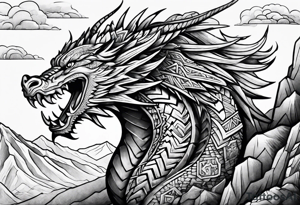 Aztec dragon climbing mountain tattoo idea