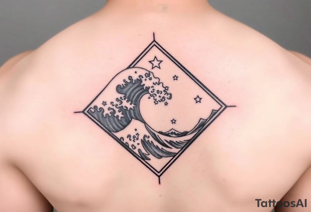 A powerful wave with stars inside of a diamond tattoo idea