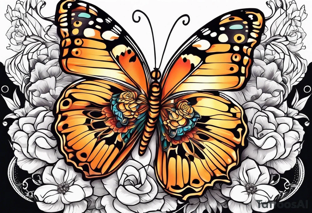 2 flowers on top of eachother with a butterfly underneath tattoo idea