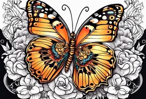 2 flowers on top of eachother with a butterfly underneath tattoo idea