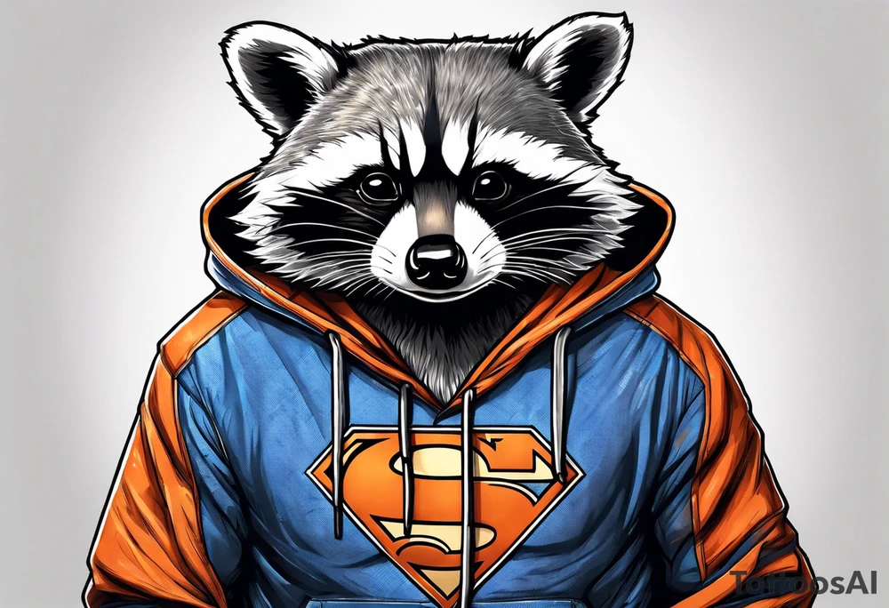 Raccoon wearing an orange Superman hoodie tattoo idea