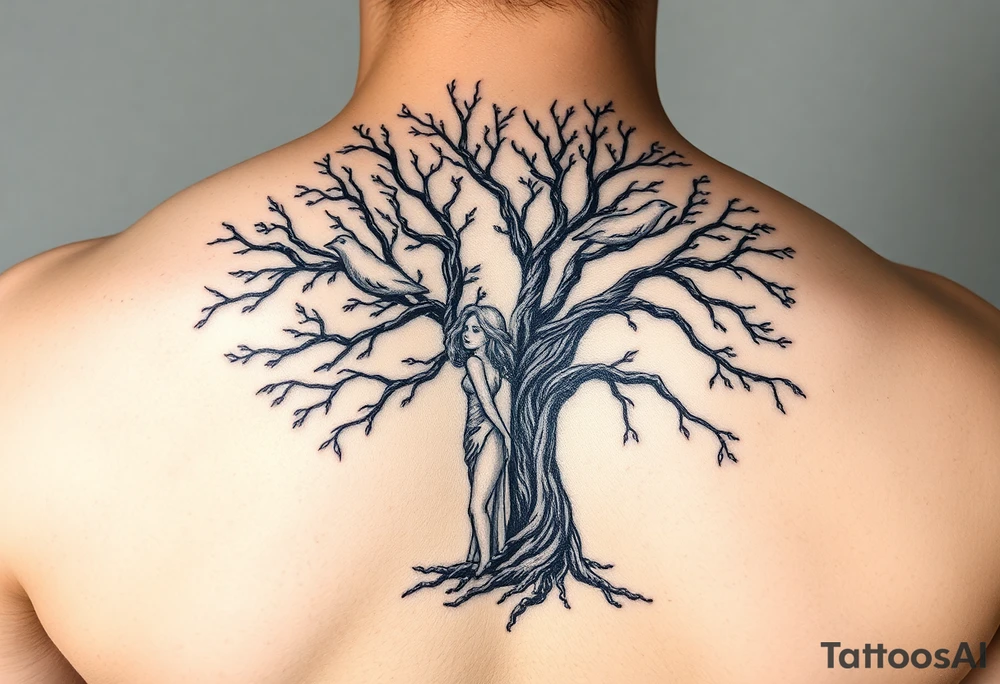 Poison tree with woman and birds and her hands to up into the branches tattoo idea