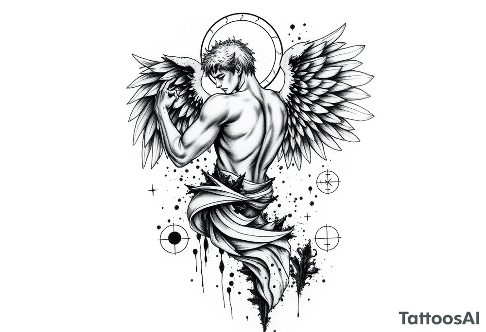 Highly detailed black and white tattoo design for forearm placement, allowing future extension into a full sleeve. Depict a dramatic surreal composition with a muscular male or androgynous angel in dynamic motion, large detailed wings partly torn or dissolving into abstract ink splashes, mixed with one demonic wing, surrounded by fine sacred geometry lines and circles, mythological and symbolic elements inspired by Icarus and Prometheus. Integrate fragmented body parts effect, thin minimal linework mixed with fine sketch shading, surreal horror accents like abstract dripping eyes, occult and alchemical symbols, black ink smoke, and thin composition lines connecting elements. High contrast, clean outlines, artistic etching style blended with minimal modern tattoo aesthetics, no background. tattoo idea