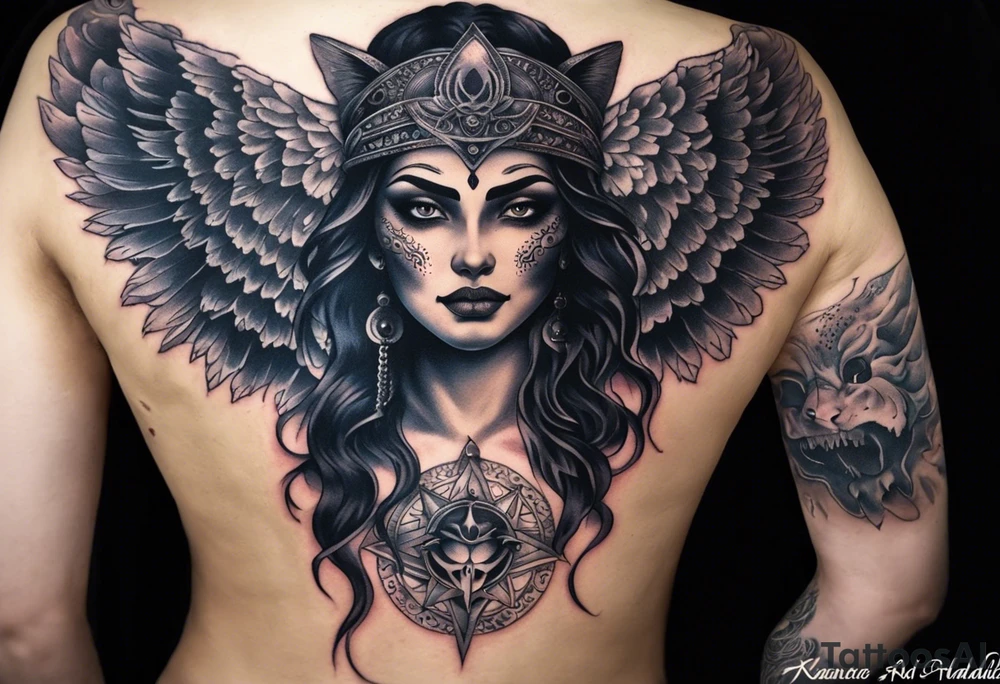 black kali, goddess pirate, alien, angel, pachamama, valkrye, warrior, flying, skull, lotus azul, wing, eagle, zenza resonance, stars, 5D, anahata chakra, death, durga, riding on a tiger, flying lady, kundalini, chest tatoo, rebel tattoo idea