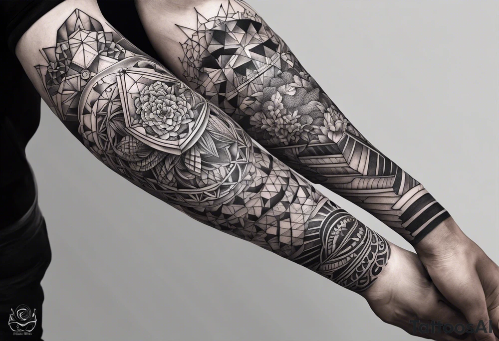 Ocean life full leg sleeve male geometric tattoo idea