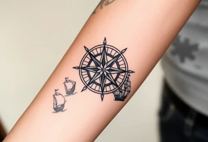 antique compass rose overlaid on weathered world map with sailing ships tattoo idea