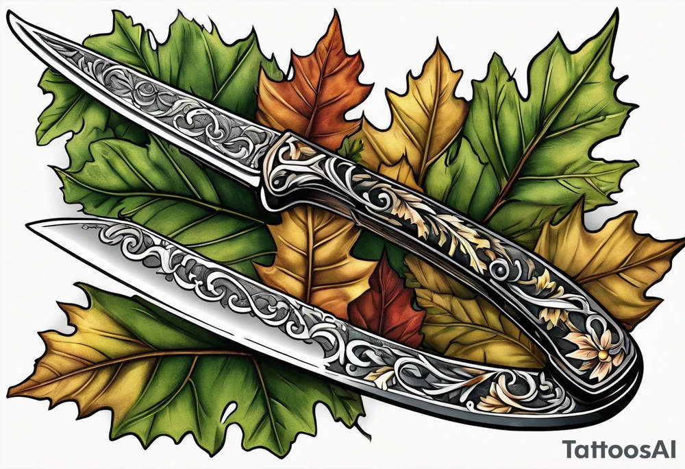 a straight razor lies in oak leaves. tattoo idea