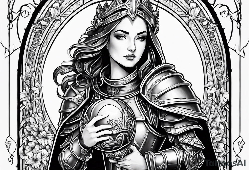 Female saint in armor holding a chalice tattoo idea