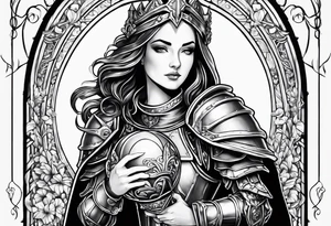 Female saint in armor holding a chalice tattoo idea