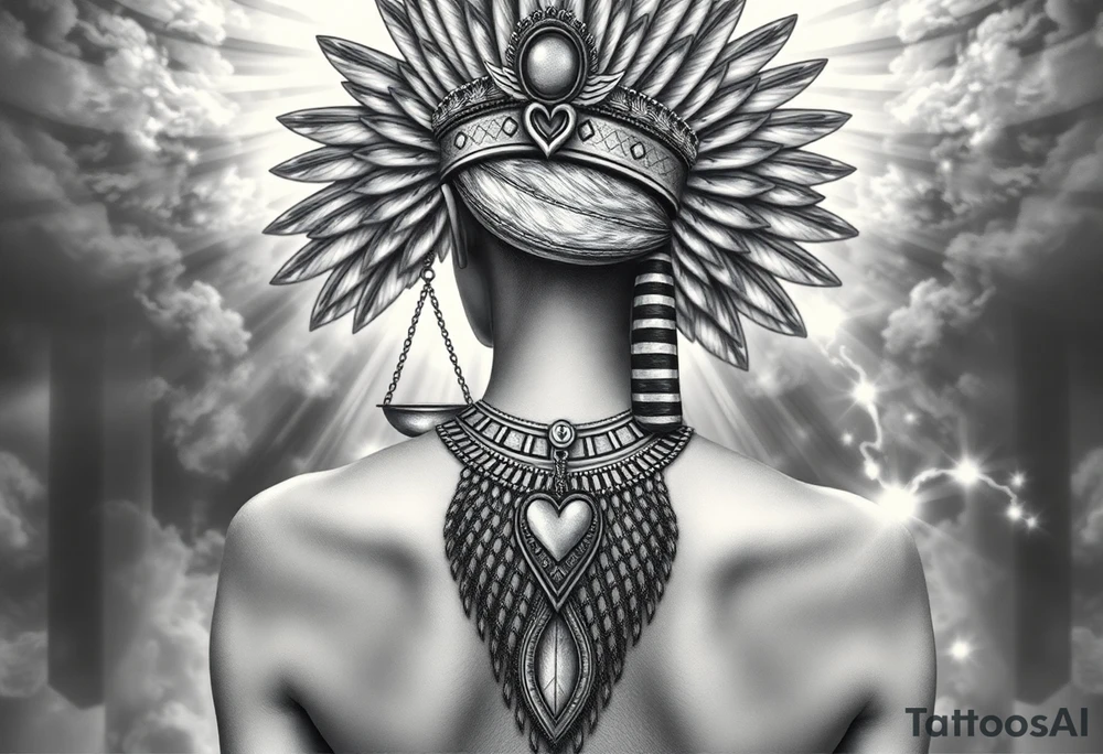 Beautiful Egyptian goddess woman, depicted as a regal woman with an ostrich feather headdress, and intricate ancient Egyptian jewelry, the Anhk necklace. Background includes something similar to heaven, as one is walking into it. Incorporate the Scales of Justice—one side holding a heart, the other Ma’at’s feather—glowing with ethereal energy. Emphasize dramatic lighting, deep shadows, and surreal, mystical atmosphere tattoo idea