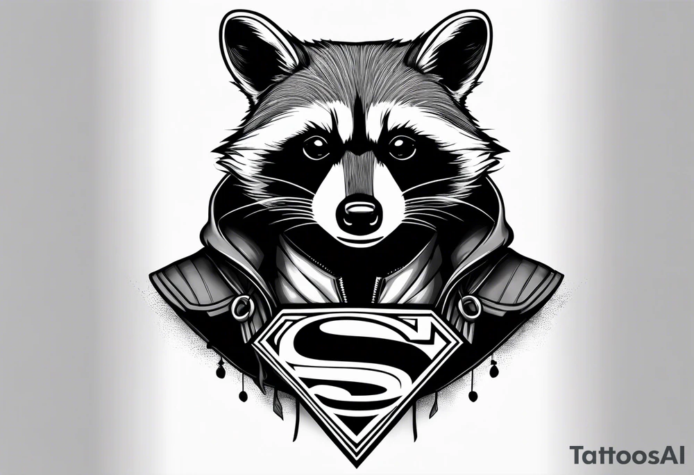 raccoon wearing a Superman hoodie tattoo idea