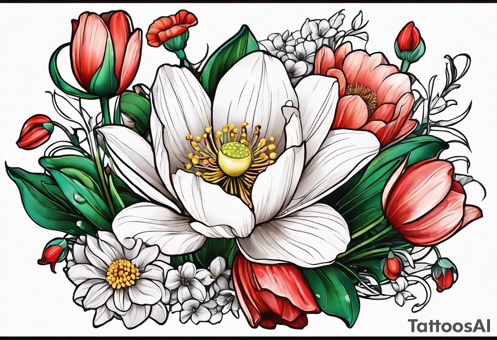 Poppy, water lily, Lily of the valley, daffodil, cosmo, rose, daisy flower bouquet, portrait style tattoo idea