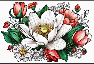 Poppy, water lily, Lily of the valley, daffodil, cosmo, rose, daisy flower bouquet, portrait style tattoo idea