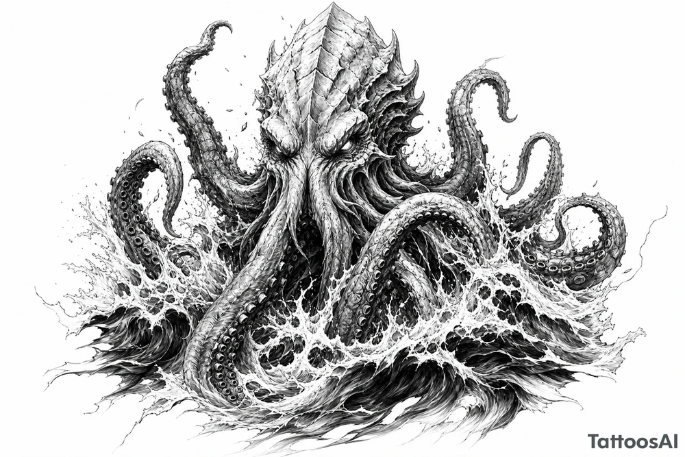 A powerful kraken-like water demon, tentacles emerging from stormy waves. tattoo idea