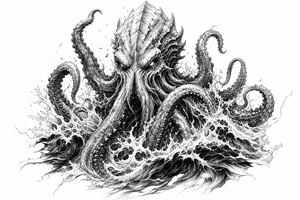 A powerful kraken-like water demon, tentacles emerging from stormy waves. tattoo idea