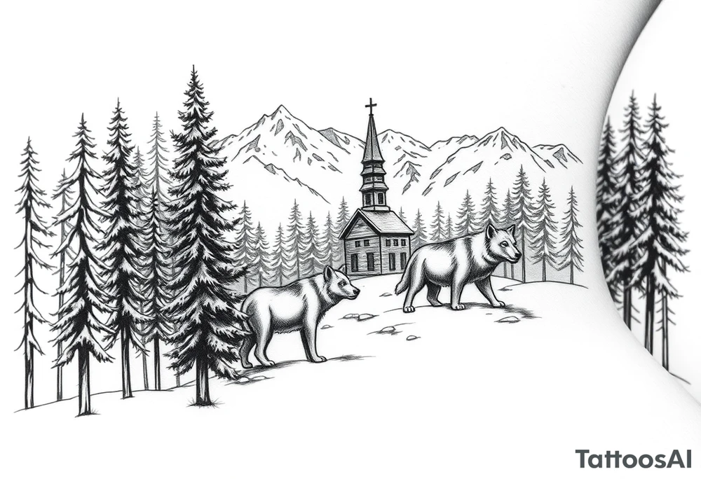 Nature/Landscape

Wolves in a pine forest (extending the tree line you already have)
A Russian bear emerging from the treeline
Snow-capped mountains behind the church scene tattoo idea