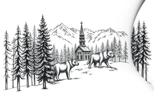 Nature/Landscape

Wolves in a pine forest (extending the tree line you already have)
A Russian bear emerging from the treeline
Snow-capped mountains behind the church scene tattoo idea