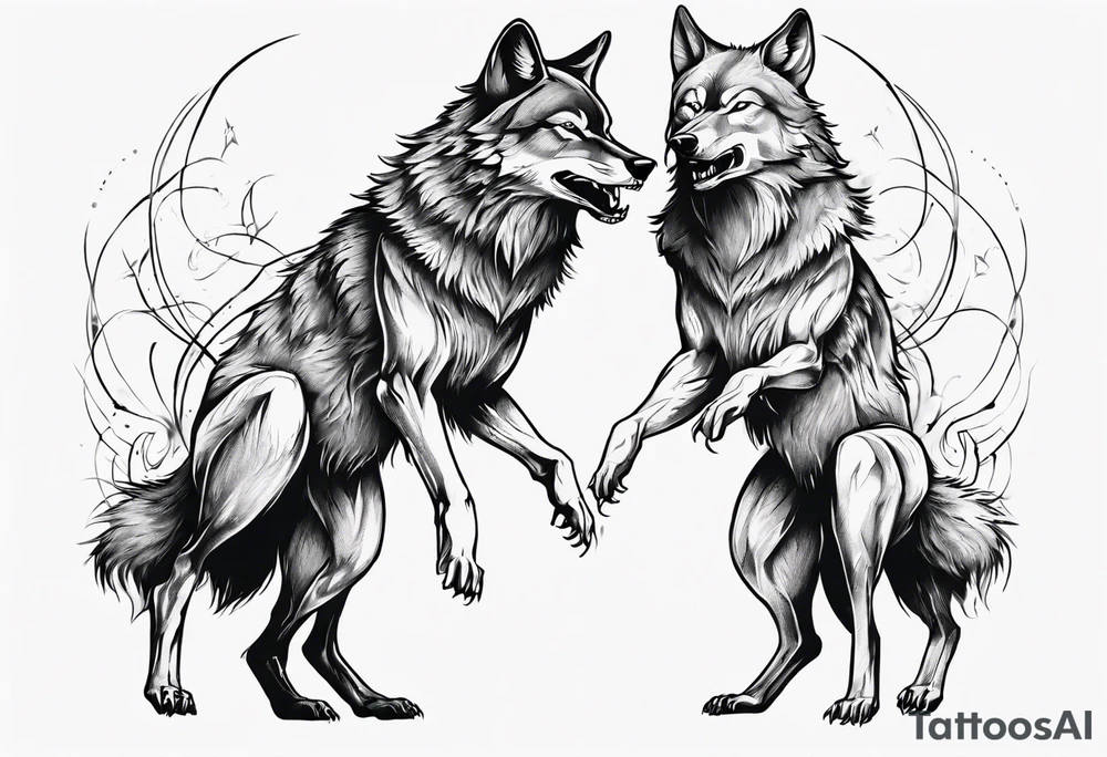 two wolves with their mouths closed and dancing on their hind legs. tattoo idea