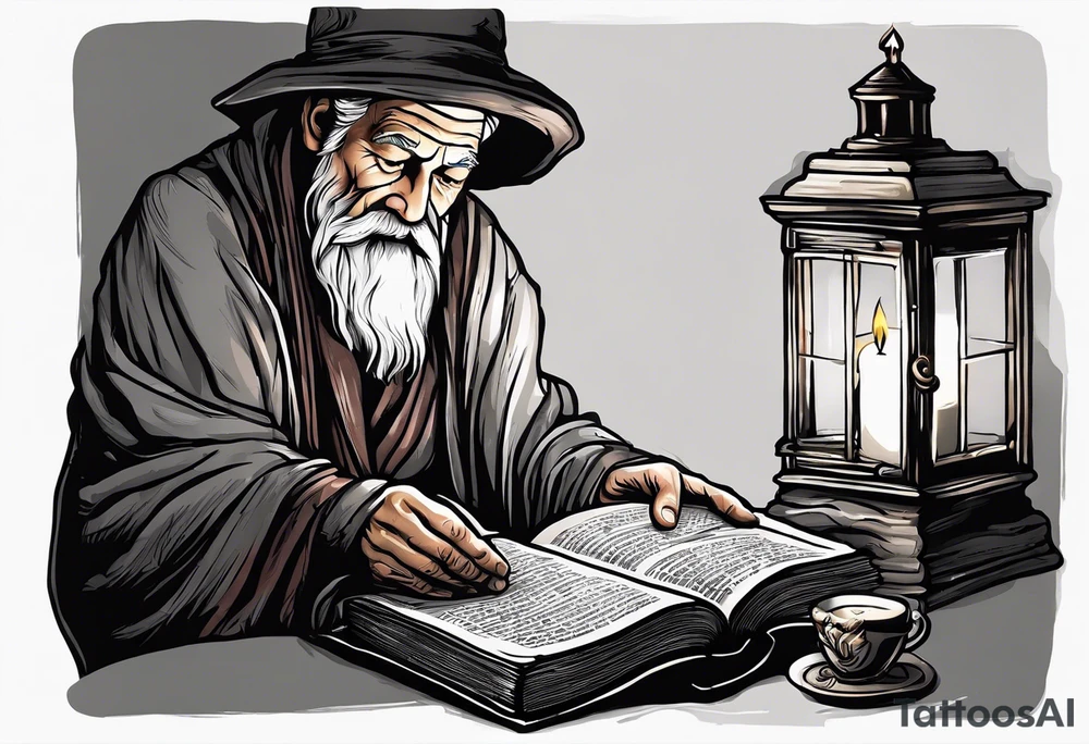old man beggar reading a holy bible by candle light tattoo idea