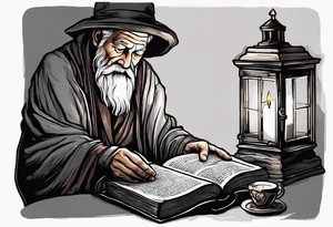 old man beggar reading a holy bible by candle light tattoo idea