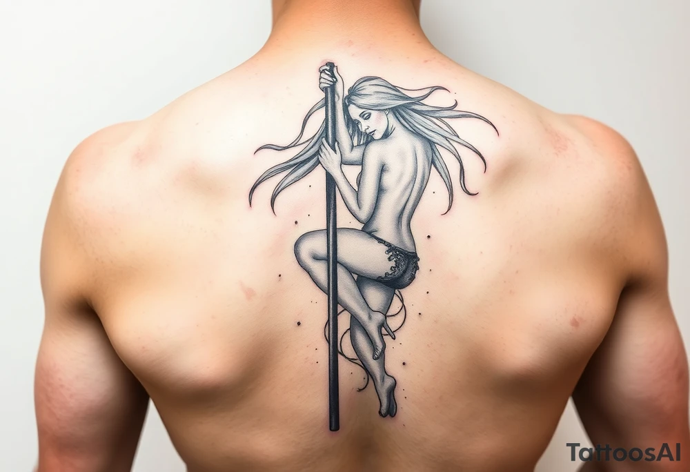 soft watercolor depiction a beautiful woman pole dancing with long flowing hair tattoo idea