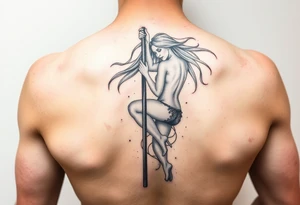 soft watercolor depiction a beautiful woman pole dancing with long flowing hair tattoo idea