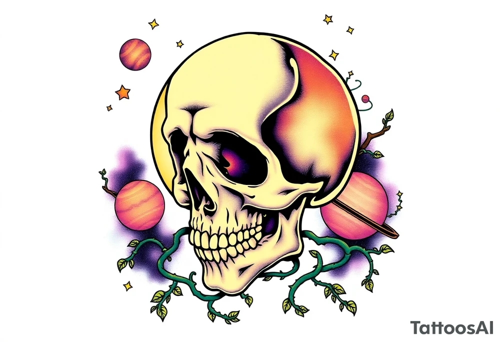 gothic skull as the moon and life as the sun. intertwined with climbing  vines as space dust connecting planets and galaxy in background of skull really bright colors used for the planets and stars shade's of Purple, Blue and black as the backdrop for galaxy tattoo idea