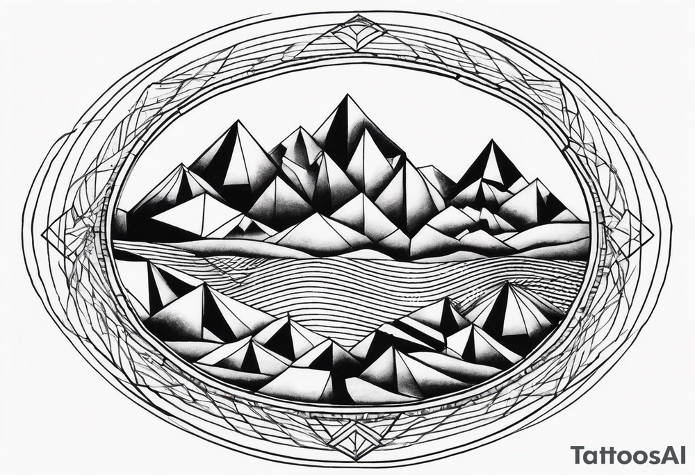 Mountain Massif, one Peak, only peak surrounded woth semi circle dashed Line, in semi circle two littel fine Stars coloured, waves overlapping in Side, Open geometrical Forms Like Diamond with Open lines tattoo idea