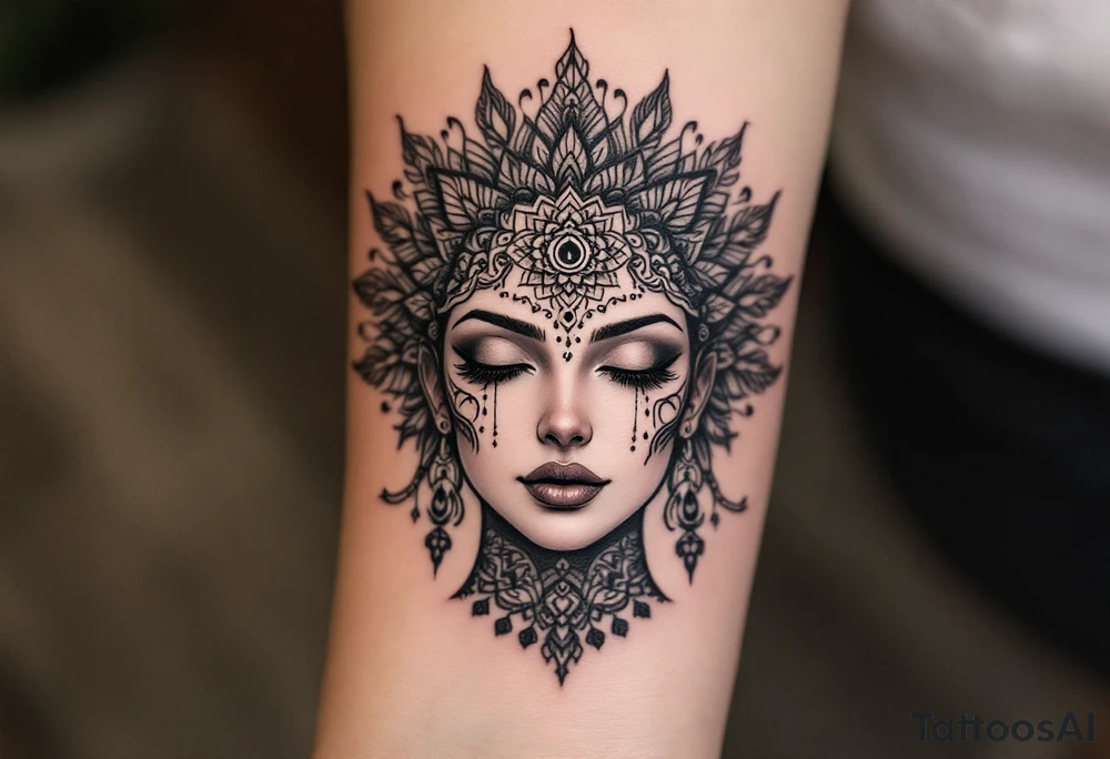 beautiful woman dmt deity with mandala fully behind head tattoo idea