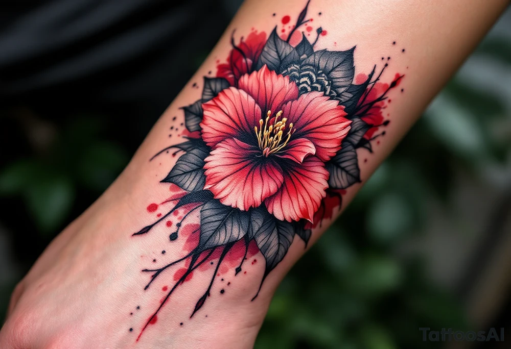 red  and black rhododendron trippy with mandala behind tattoo idea