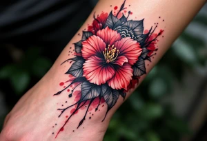 red  and black rhododendron trippy with mandala behind tattoo idea