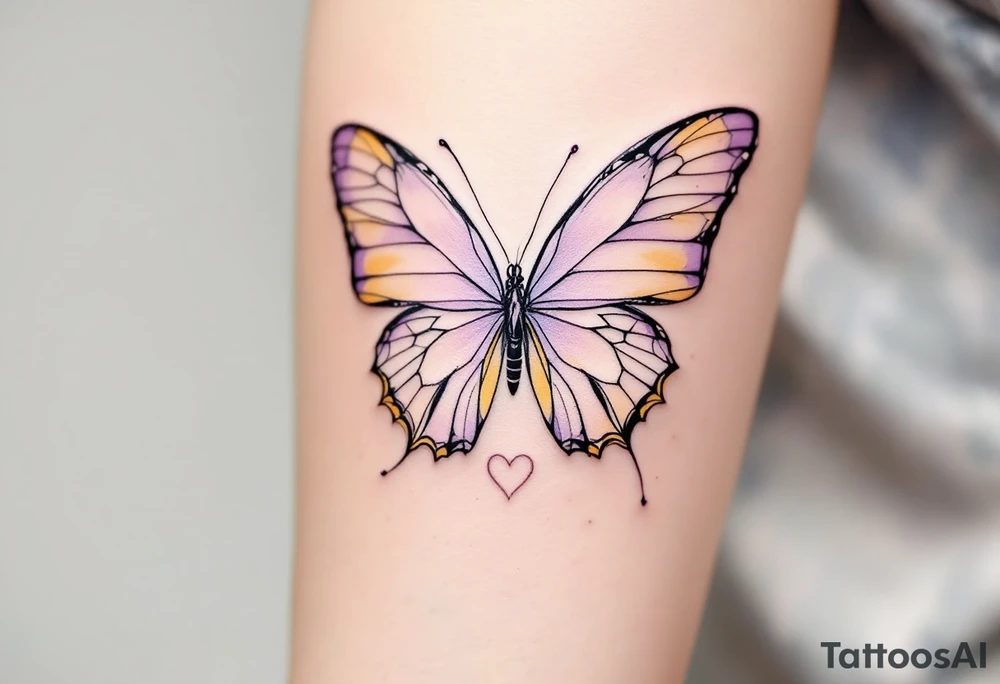 Pale Pink Heart with Butterfly Wings – A soft, pale pink heart, with delicate butterfly wings in shades of lavender and yellow, symbolizing love that transforms and takes flight. tattoo idea