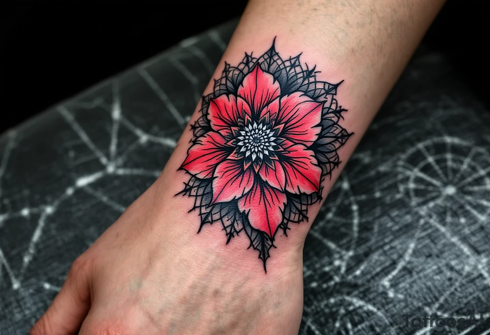 red  and black rhododendron trippy with mandala behind tattoo idea